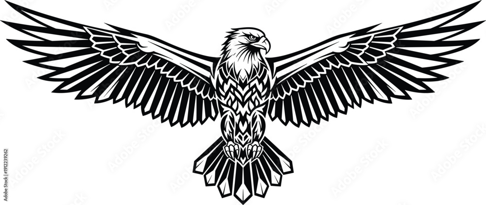 Obraz premium Black silhouette vector illustration of eagle with fully spread wings, tribal detailed feather patterns, frontal view, majestic powerful design