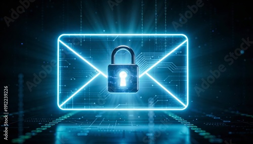 A glowing digital envelope with a lock icon symbolizes secured or encrypted email communication in a futuristic cyber environment.