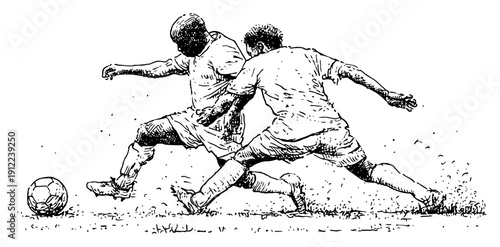 Dynamic hand drawn action sketch of two soccer players tackling for the ball