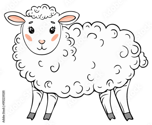 Cute cartoon sheep with fluffy white wool standing illustration