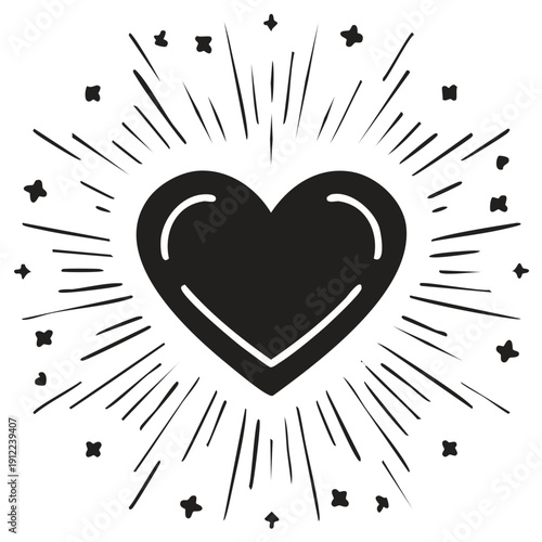 Black heart radiating light bursts and stars on white background