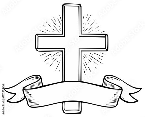 Religious Cross Symbol with Radiating Light and Banner Awaiting Message or Customization