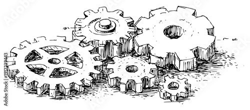 Hand drawn vector sketch of industrial mechanical gear wheels and cogs