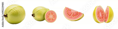 Fresh Pink Guava Collection, Organic Whole and Sliced Tropical Fruit, Healthy Exotic Ingredient, High Quality Nutrition Isolated on White Background PNG