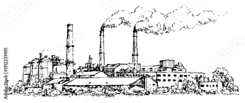 Detailed hand drawn sketch of an industrial factory complex with smoking chimneys
