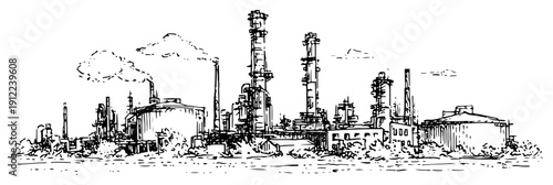 Detailed hand drawn sketch of an industrial oil refinery with chimneys and smoke