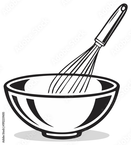 Illustration of a metal whisk with a handle inside a ceramic bowl for cooking and baking