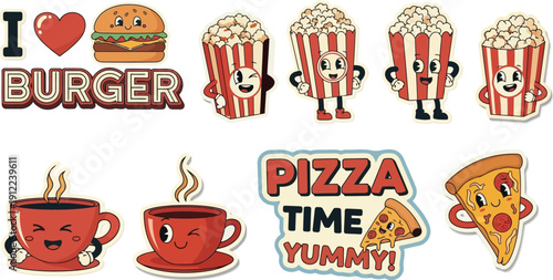Colorful cartoon food and drink characters with text and popcorn buckets burger pizza