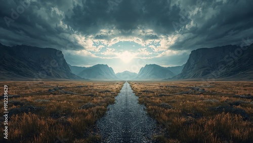 Road Through the Valley Under Cloudy Sky With Mountains in the Distance at Su...