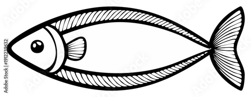 Stylized black and white outline drawing of a fish with a fin and tail