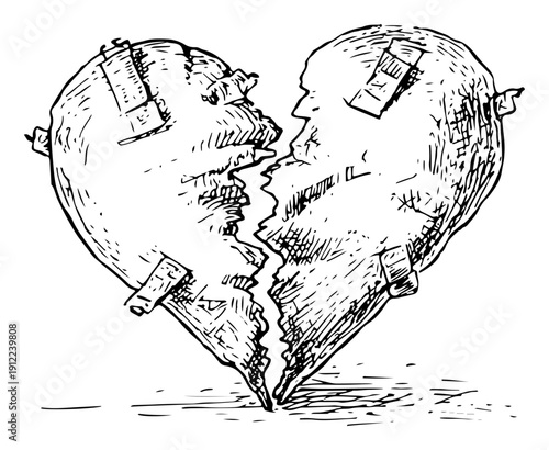 Hand drawn sketch of a broken heart mended with adhesive bandages