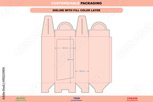 Toy display packaging dieline template with handle support and retail showcase structure plus die line ready printable layout for toy box printing