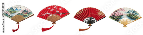 Traditional Asian Folding Fans, Decorative Chinese Silk and Paper Hand Fans with Tassels, Oriental Landscape and Floral Art, Isolated on White Background PNG