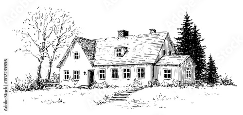 Detailed hand drawn illustration of a traditional country house in a rural landscape