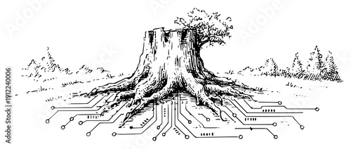 Surreal hand drawn ink sketch of a tree stump with roots turning into digital circuit lines