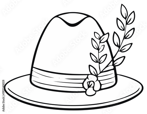 Traditional Bavarian Hat with Floral Adornment Graphic Black and White Line Art