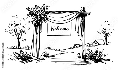 Hand drawn vector sketch of a rustic wedding welcome sign on a wooden arch