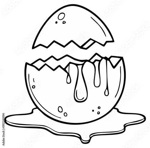 Hand drawn illustration of a cracked egg with dripping yolk and albumen