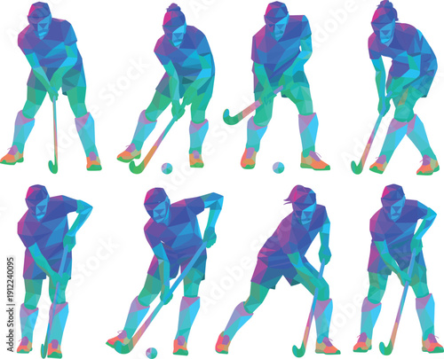 Field hockey player action silhouettes, colorful polygon athletes dribbling ball, sport motion illustration set, dynamic gameplay poses, modern vector design