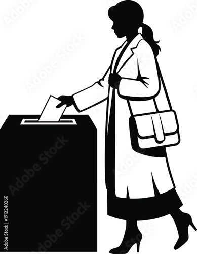 Professional woman voting at ballot box silhouette illustration, civic duty democracy election concept, female voter participation, black white vector art