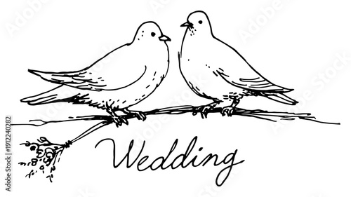 Two love doves sitting on a branch with elegant wedding text inscription