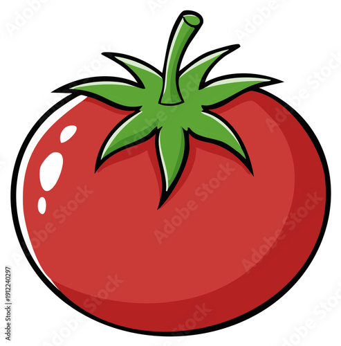 A vibrant cartoon illustration of a ripe red tomato with green leaves and stem
