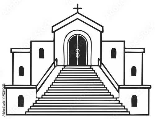 Stylized church building with grand staircase and cross on roof vector illustration