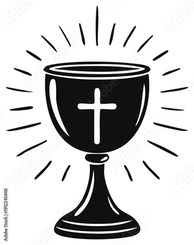 Sacred chalice with radiating light and Christian cross symbol graphic