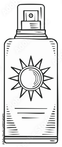 Sunscreen bottle with sun icon vector illustration in sketch style