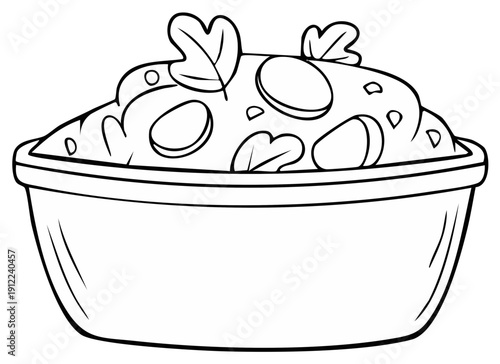 Black and White Line Art Illustration of a Salad Bowl Filled with Vegetables and Greens