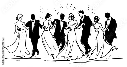 Hand drawn vector sketch of wedding guests dancing together at a formal celebration party