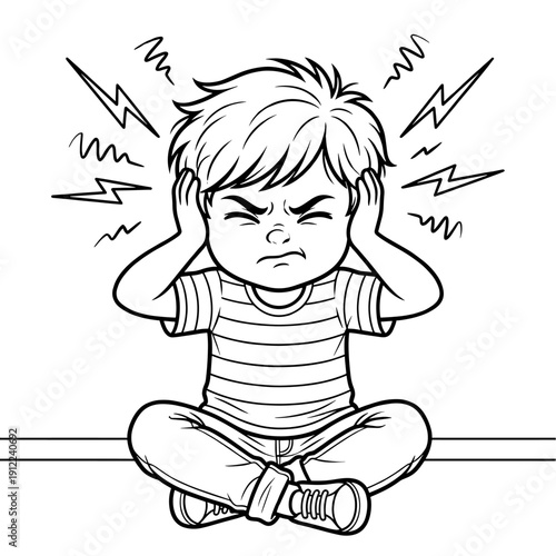 Boy with sound sensitivity sitting on the floor covering his ears with misophonia loud noise bothering him cartoon line art illustration vector on transparent background 