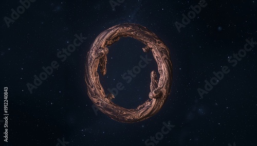 Circular Wooden Sculpture in Space Surrounded by Stars and Darkness at Nighttime