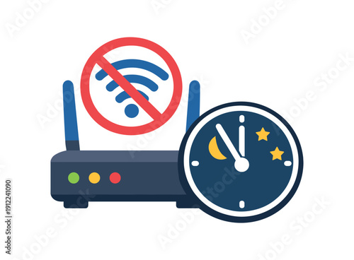 router with small clock icon showing wifi off at night digital curfew routine . colored flat icon vector illustration