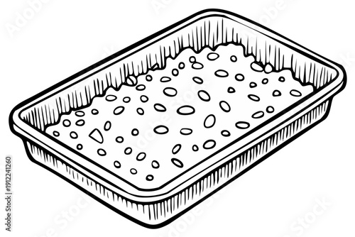 Line art illustration of a rectangular food container filled with small granular ingredients