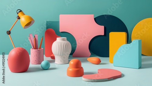 Colorful Shapes and Objects Arranged on a Table With a Lamp and Art Supplies in a Bright Setting