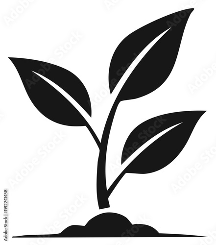 Stylized black plant sprout icon with three leaves emerging from soil a powerful symbol of new life and ecological growth