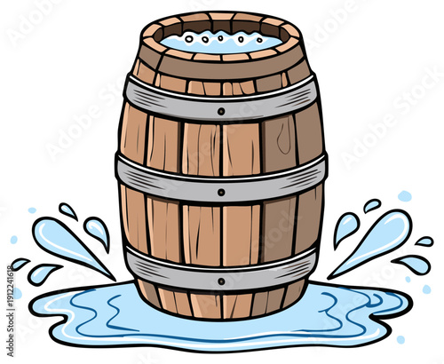 Rustic wooden barrel overflowing with water in a splashy puddle cartoon illustration