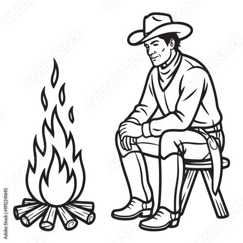 Cowboy resting on stool by campfire vector illustration depicting man in western attire watching flames while sitting outside during evening journey through historical frontier territories
