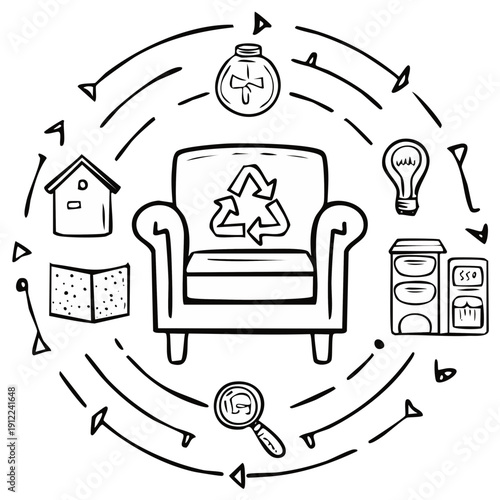 Hand drawn recycling and upcycling process with armchair household and office items circular flow
