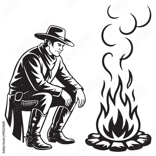 Cowboy sitting by campfire at night vector illustration featuring man wearing traditional western hat and boots while resting near warm flames under starry sky in desolate wilderness landscape