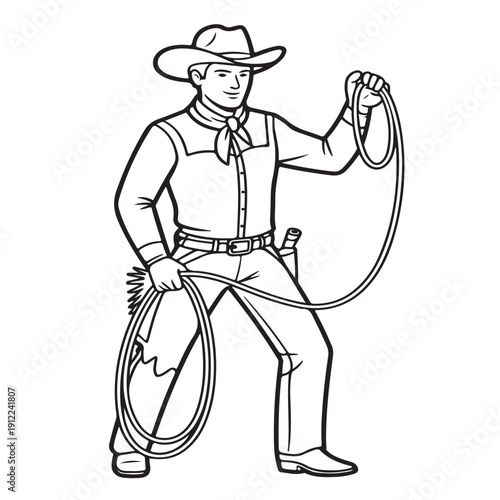 Line art cowboy character holding lasso rope ready for ranch work illustration isolated on transparent background