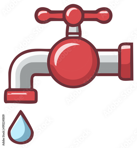 Red faucet with dripping water drop illustration cartoon style for water conservation and clean water themes