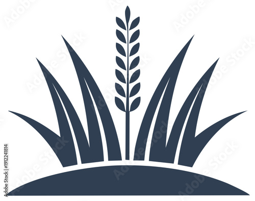 Stylized abstract depiction of a single wheat stalk with lush green grass in a simple graphic design.