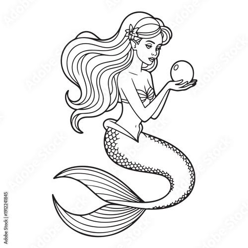 Mermaid holding pearl vector illustration on transparent background featuring long hair mythological sea creature for coloring book ocean fantasy theme fairy tale character for nursery decor