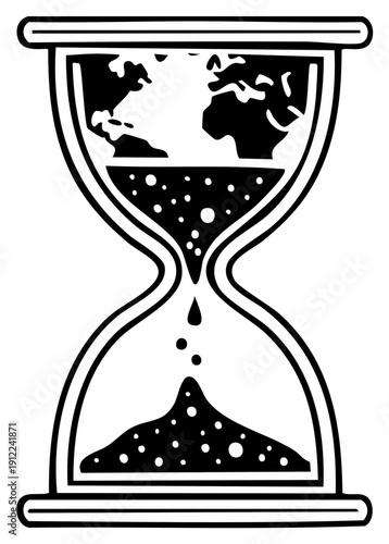 Hourglass with planet earth and falling sand representing time passing and global challenges
