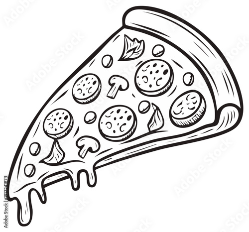 Black and white illustration of a single slice of pizza with toppings. Isolated vector design.