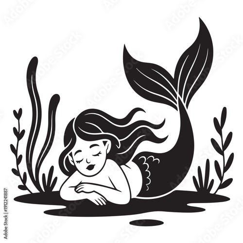 Silhouette of cute sleeping mermaid resting peacefully underwater surrounded by seaweed and aquatic plants a magical underwater creature serene and tranquil scene black and white vector illustration