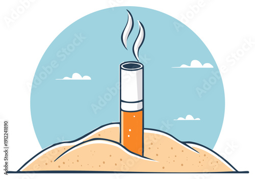 Illustration of a cigarette in sand with smoke against a blue sky background.