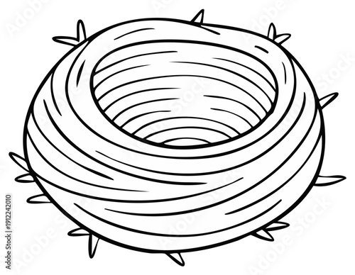 Stylized bird's nest outline with a central opening and twigs protruding from the edges